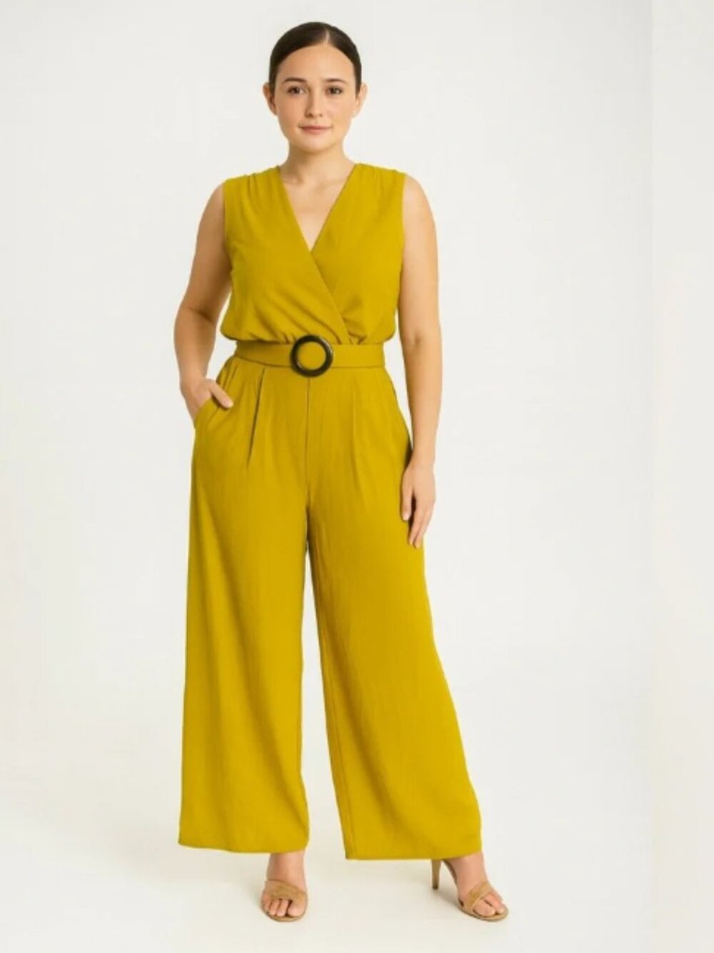 Sleeveless V-Neck Top and Pants Set In Mustard/Green